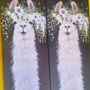 Cute , fancy Alpaca with flowers on their head . Set of 2 wall hanger paiting.